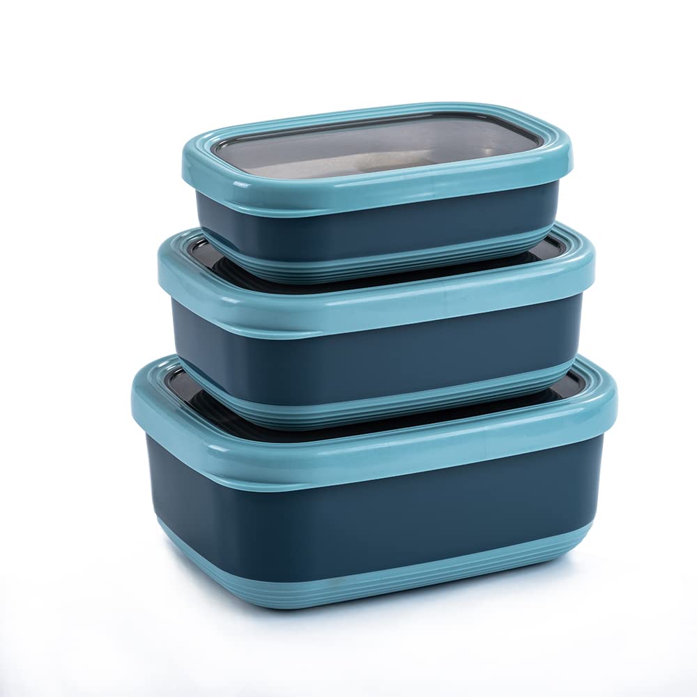 Lille Home Leak Proof Steel Food Containers - Snack Stainless Steel Containers - Ideal for Educational Settings & Daycare - Nesting Trio with Silicone Lids - 47oz+30oz+16oz - Dark Blue