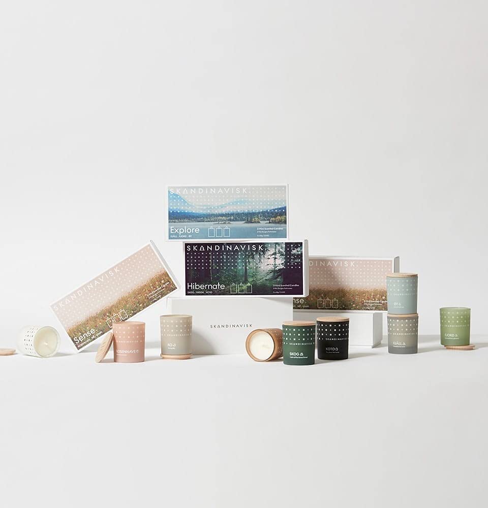 Skandinavisk Explore Giftset of 3 Mini Scented Candles. FJÄLL ‘Highland’, Fjord, and ØY 'Island'. Vegan Formula. 3 x 2.3 oz.