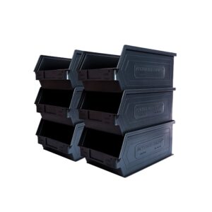 storage compat 6 pack small storage bin, wall mount storage, hanging and stacking bin, freestanding | 12” x 8” x 6” plastic container | black | zeus 3a2plz06