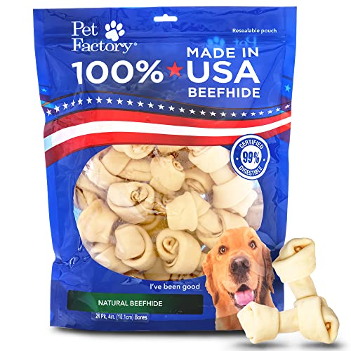 Pet Factory 100% Made in USA Beefhide 4" Knotted Bones Dog Chew Treats - Natural Flavor, 24 Count/1 Pack