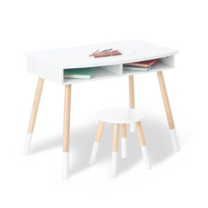 wildkin kids premium homework desk with storage and stool set for boys and girls, includes one matching stool, classic timeless design features solid wood legs (white w/natural)