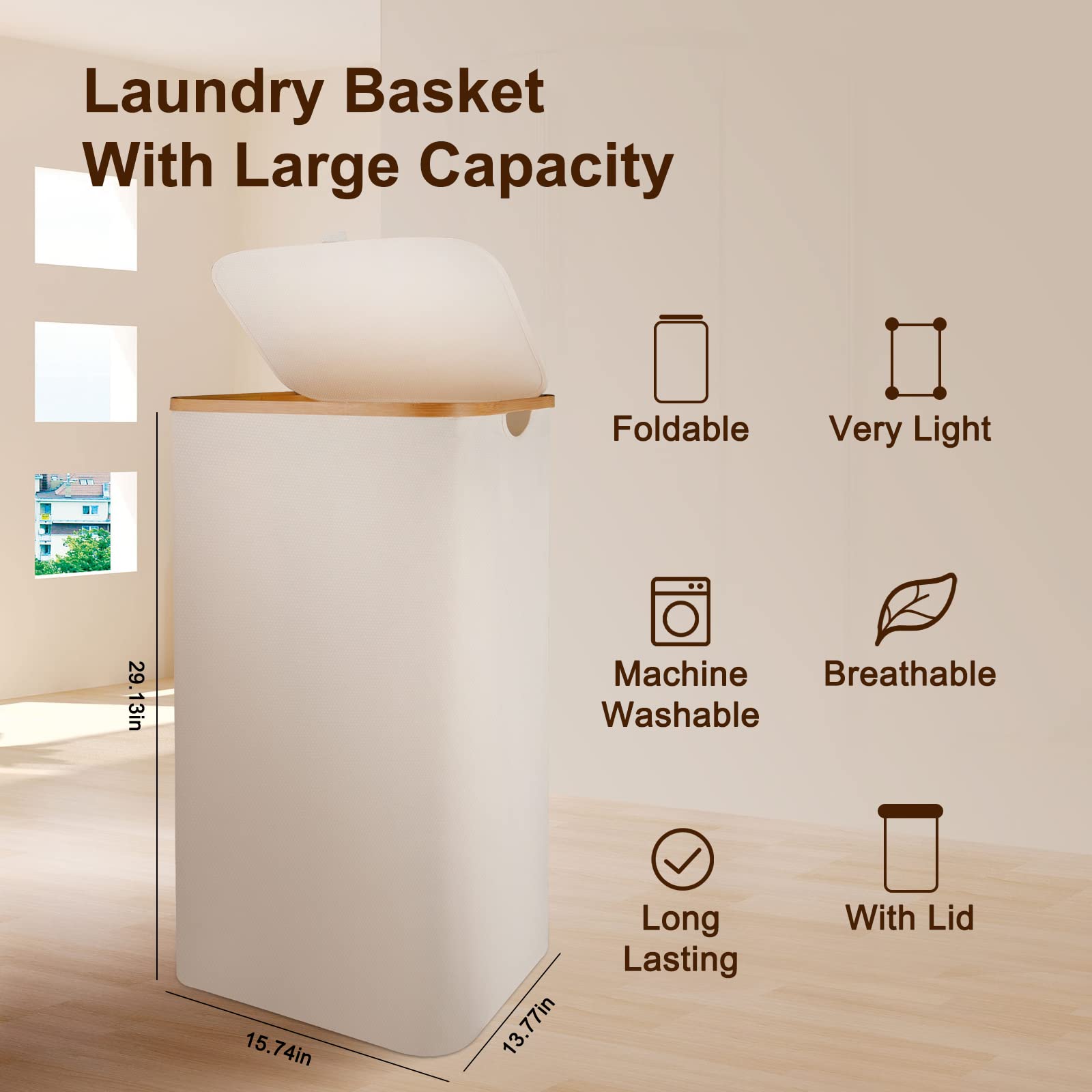 Laundry Basket with Lid - Laundry Hamper with Lid and Removable Bag, 100L Large Foldable Laundry Basket Dirty Clothes Hamper with Handles, Waterproof Oxford Bamboo Hamper for Bedroom, Laundry Room