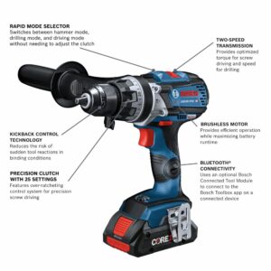 BOSCH GSB18V-975CB25 18V Brushless Connected-Ready 1/2 In. Hammer Drill/Driver Kit with (2) CORE18V® 4 Ah Advanced Power Batteries