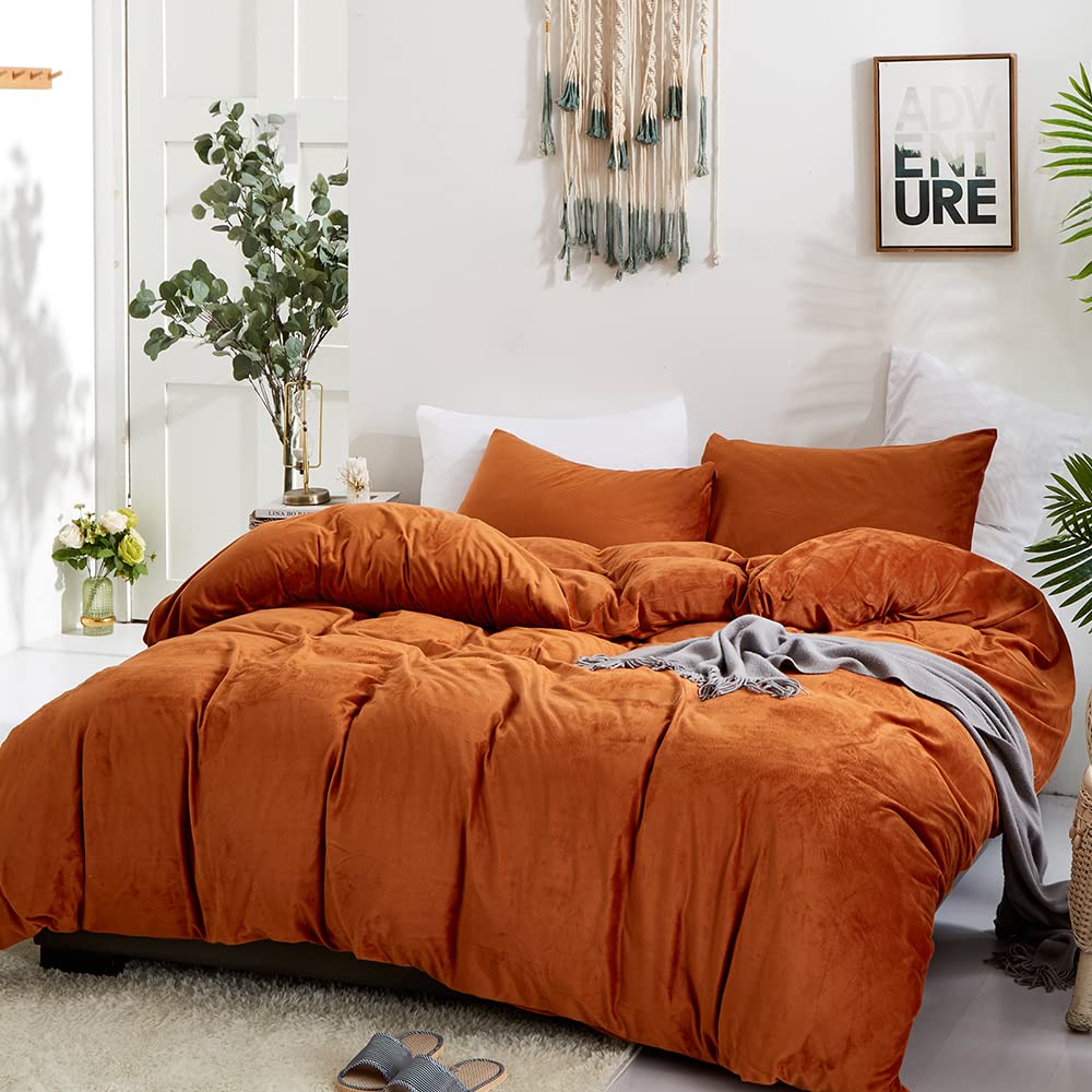 CLOTHKNOW Burnt Orange Duvet Cover Set Queen Rust Velvet Bedding Sets Full Terracotta Bedding Flannel Bedding Duvet Cover Women Men Bedding Orange Bedding 3Pcs Comforter Cover Sets Queen