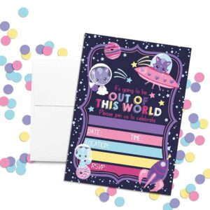 Out Of This World Cute Cats In Space Themed Birthday Party Invitations for Kids, 20 5x7 Fill In Cards with Twenty White Envelopes by AmandaCreation