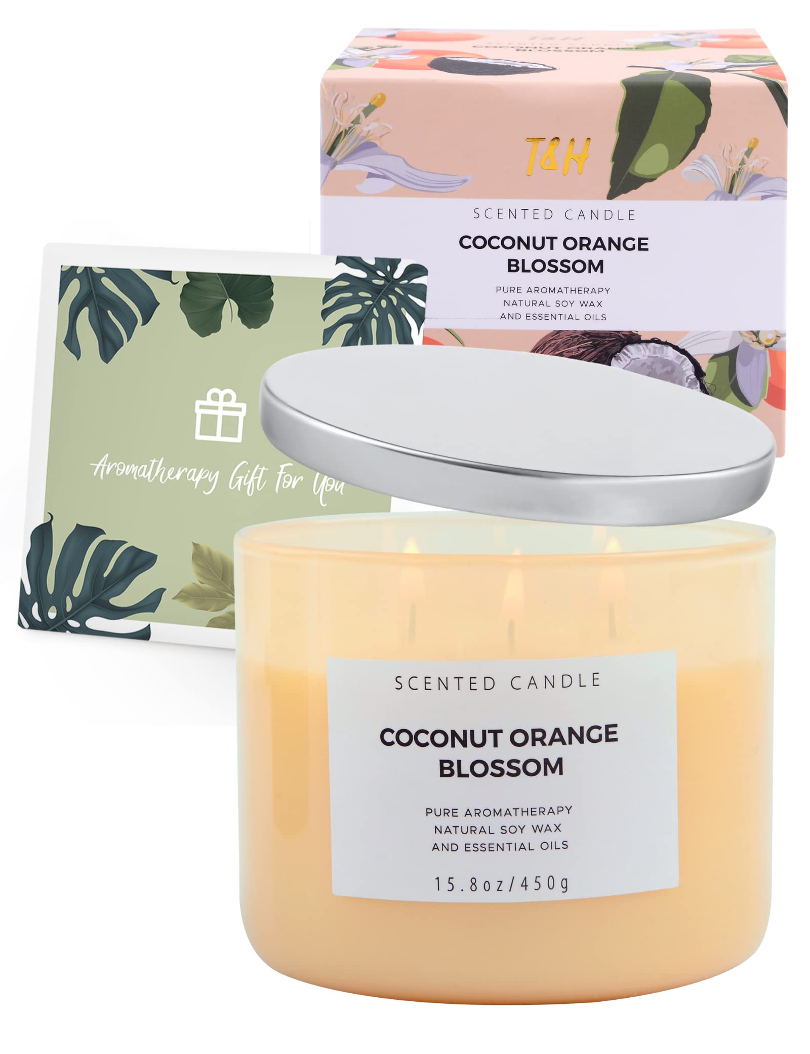 Coconut Orange Blossom 3 Wick Candle | Highly Scented Soy Candles for Home 15.8 oz, Summer & Tropical Scented Candle | Aromatherapy Stress Relief Candle, Relaxing Clean Burning Candle for Women & Men