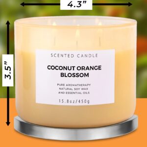 Coconut Orange Blossom 3 Wick Candle | Highly Scented Soy Candles for Home 15.8 oz, Summer & Tropical Scented Candle | Aromatherapy Stress Relief Candle, Relaxing Clean Burning Candle for Women & Men