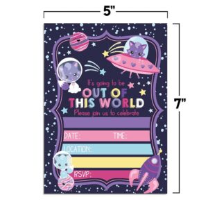 Out Of This World Cute Cats In Space Themed Birthday Party Invitations for Kids, 20 5x7 Fill In Cards with Twenty White Envelopes by AmandaCreation