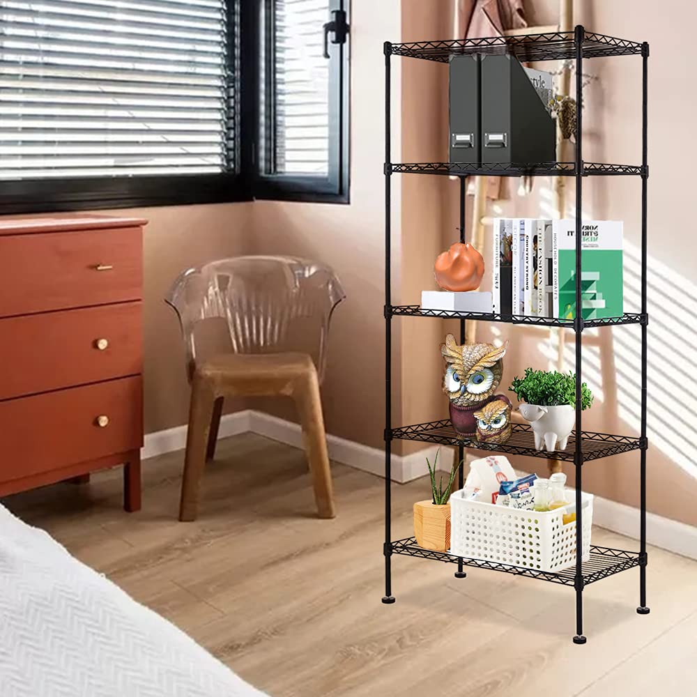 Craft & Art 5-Shelf Adjustable Wire Shelves, Metal Storage Shelves Utility Height Household Type Heavy Duty for Kitchen, Room, Bathroom and Garage,24”L×14”W×60”H, Black