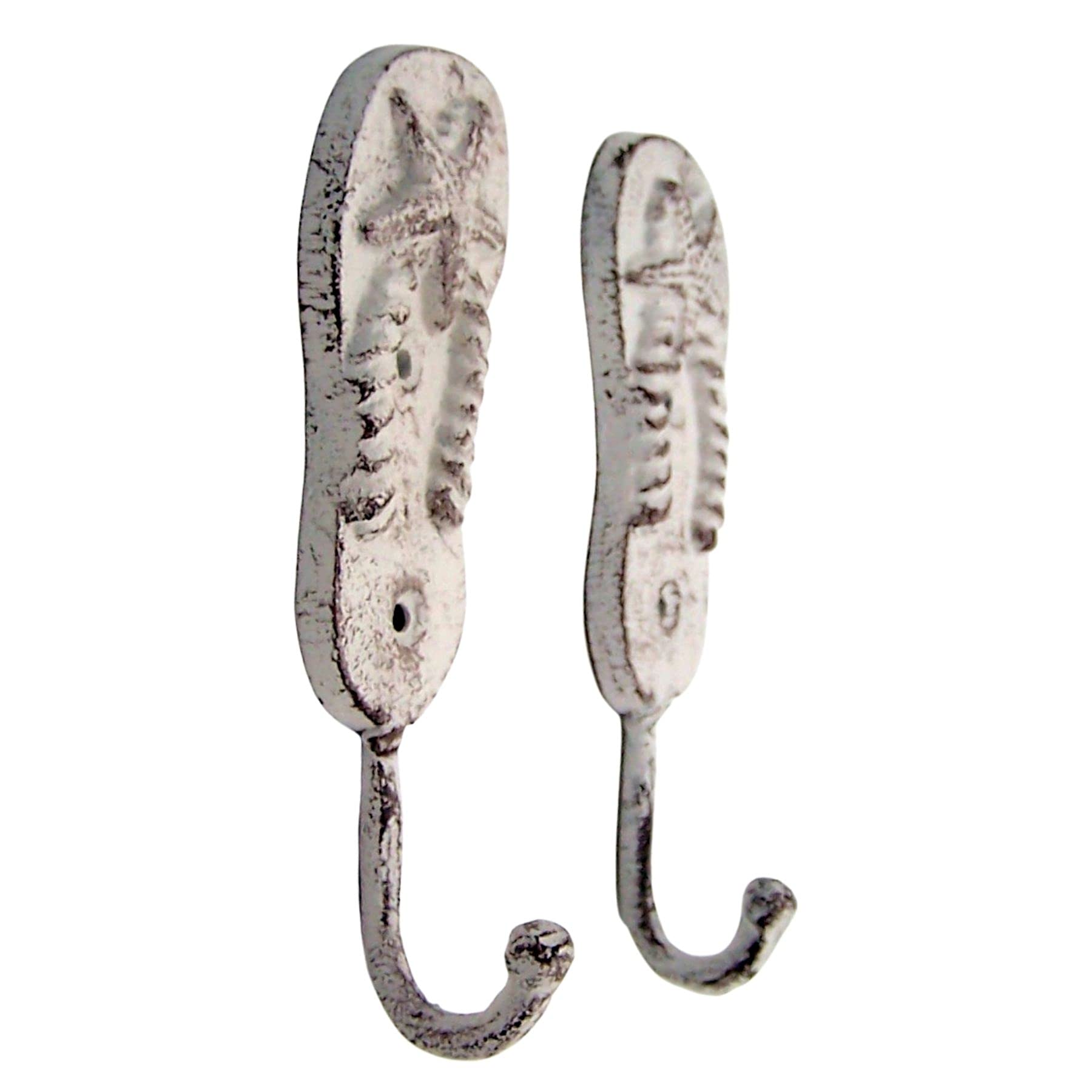 Cast Iron Pair of White Washed Flip Flop Wall Hooks, Beach Themed Décor, Set of 2, 6.5 Inches