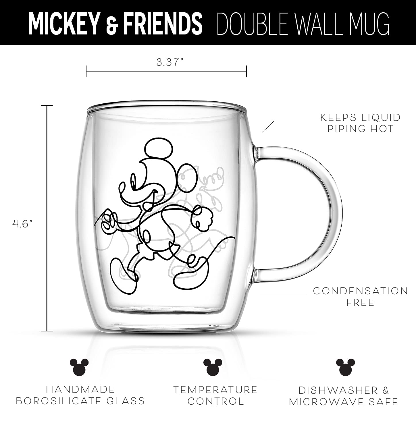 JoyJolt Aroma Disney Mickey and Pluto 13.5oz Glass Cups Set. 2 Insulated Double Wall Glass Coffee Cups, Insulated Coffee Cup Set. Unique Coffee Mugs, Large Espresso Cups. Disney Cups and Disney Mugs.