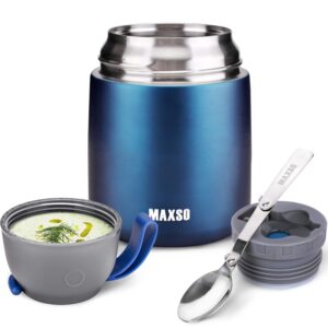 maxso soup thermo for hot & cold food for adults kids, 17 oz vacuum insulated steel lunch container bento box with spoon, leakproof thermal food jar for school office travel - dark blue