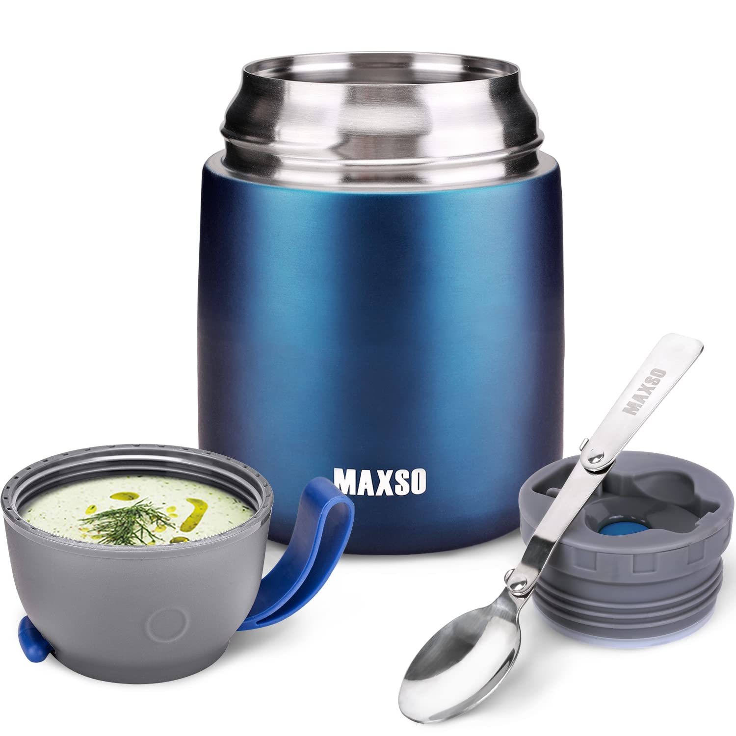 MAXSO Soup Thermo for Hot & Cold Food for Adults Kids, 17 oz Vacuum Insulated Steel Lunch Container Bento Box with Spoon, Leakproof Thermal Food Jar for School Office Travel - Dark Blue