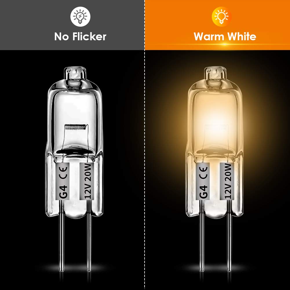 KAKALUOTE G4 Halogen Light Bulbs 12V 20W Halogen Bulbs G4 Base 2 Pin Warm White 2700K Light Bulbs for Chandeliers,Under Cabinet Puck Light,Track Lighting,Cooker Lighting(20 Pack)