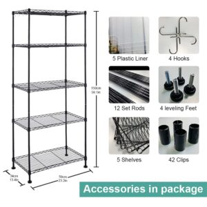 Craft & Art 5-Shelf Adjustable Wire Shelves, Metal Storage Shelves Utility Height Household Type Heavy Duty for Kitchen, Room, Bathroom and Garage,24”L×14”W×60”H, Black