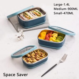 Lille Home Leak Proof Steel Food Containers - Snack Stainless Steel Containers - Ideal for Educational Settings & Daycare - Nesting Trio with Silicone Lids - 47oz+30oz+16oz - Dark Blue