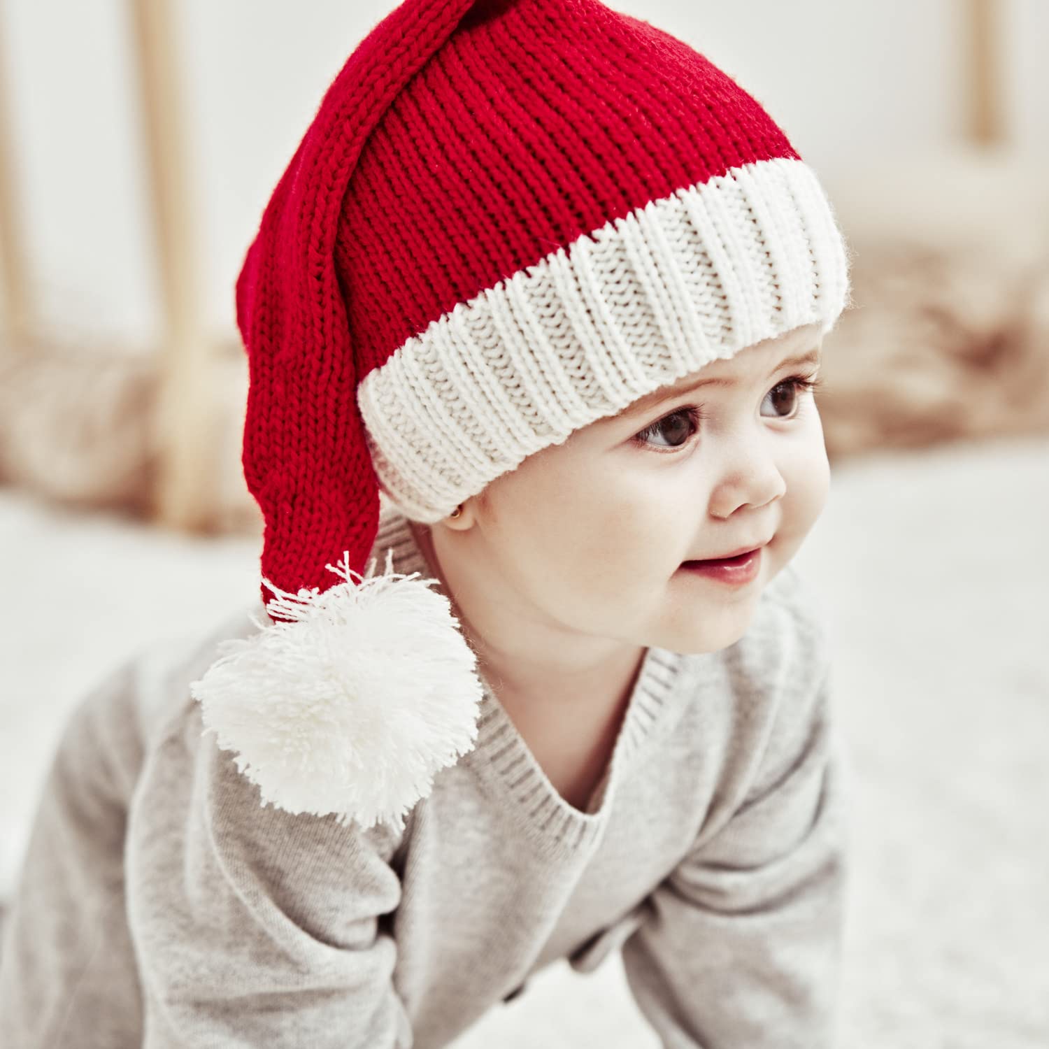 Christmas Hat for Kids, Santa Hat Winter Hat for Baby Slouchy Beanie Windproof Warm Knit Christmas Decoration Cap Red