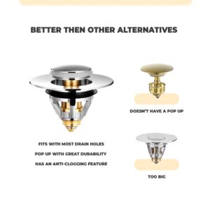 3 in 1 Ardorup Sink Stopper Hair Catcher Anti-Clogging Upgraded Chrome Stainless Drain Universal Hole Size 1.1’’-1.32’’ Drain Bathroom Strainer Bathtub Leak-Proof Pop-Up Tub for Stopper (DSARD)