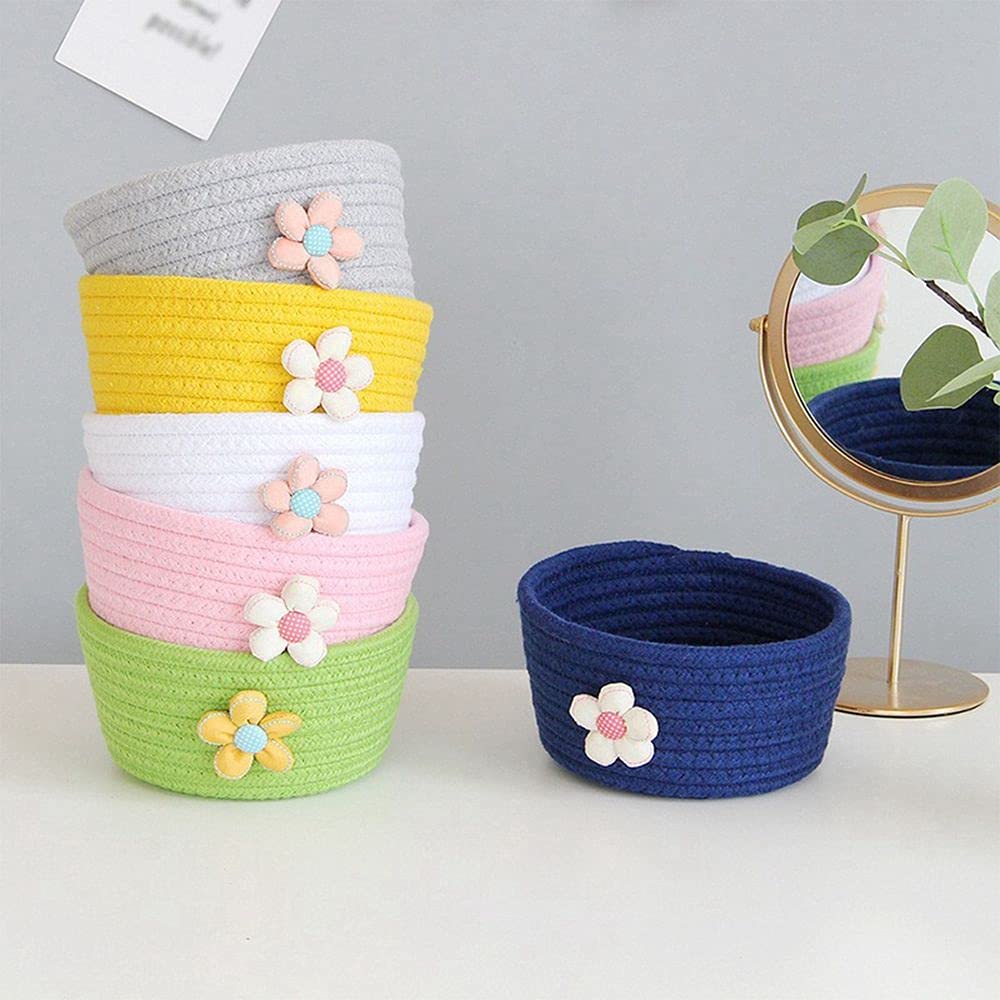 Cute Flower Cotton Rope Woven Storage Basket Desktop Makeup Storage Box Children's Toy Laundry Basket Makeup Storage Box(Pink)