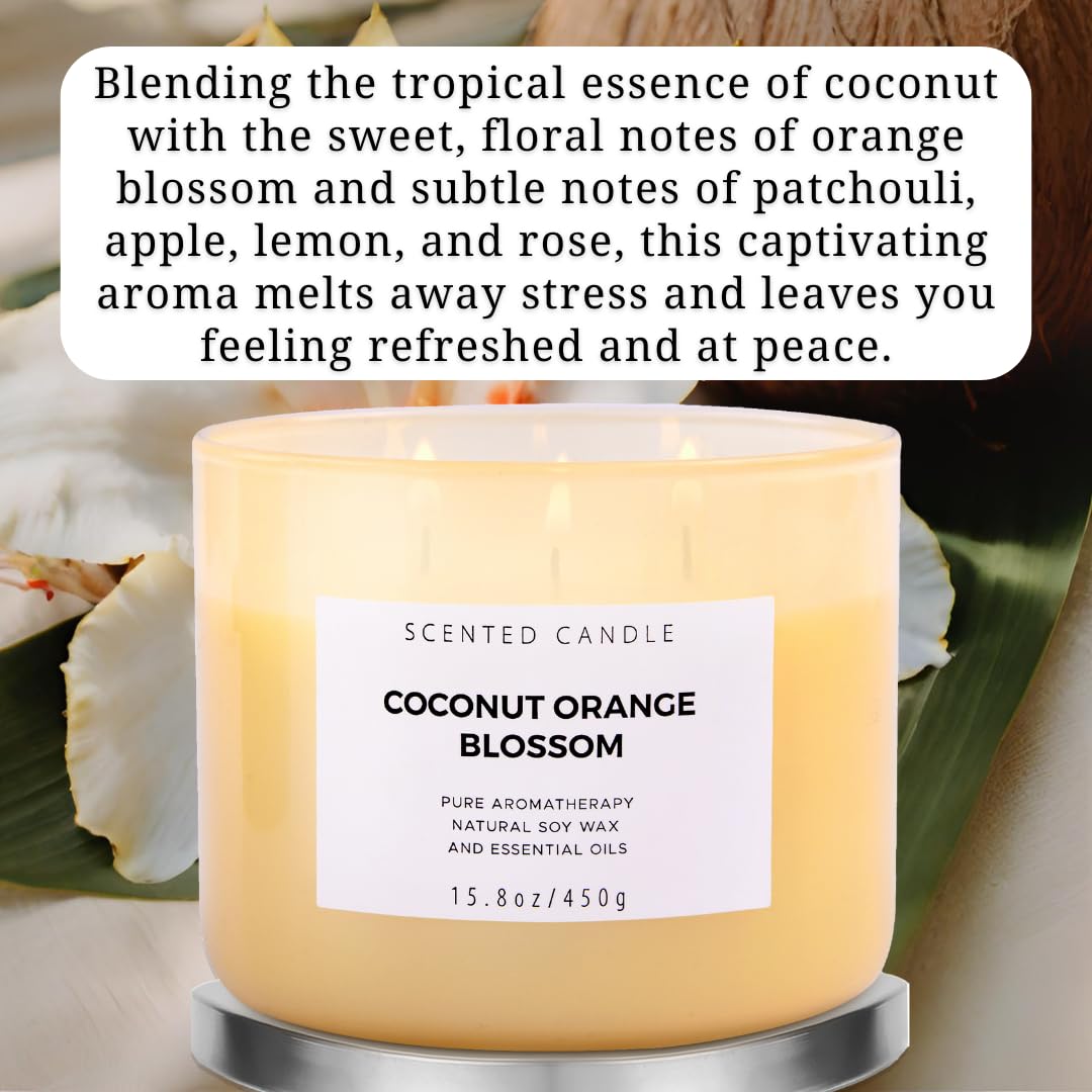 Coconut Orange Blossom 3 Wick Candle | Highly Scented Soy Candles for Home 15.8 oz, Summer & Tropical Scented Candle | Aromatherapy Stress Relief Candle, Relaxing Clean Burning Candle for Women & Men