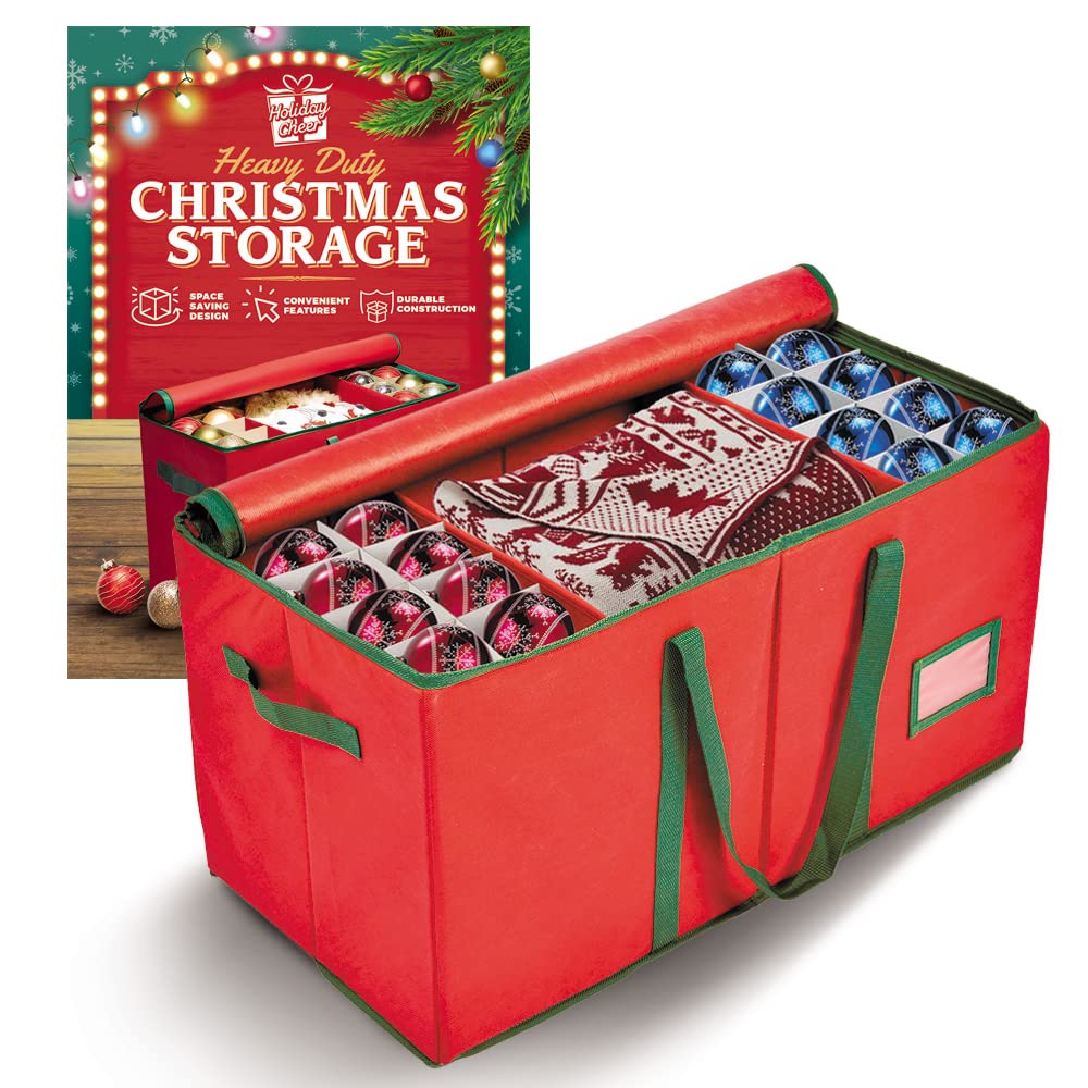 Premium Christmas Ornament Storage Container - Fits 128 Holiday Decorations in Tear-Proof Fabric Box