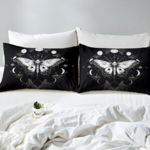 Death Moth Duvet Cover Set Queen Size Galaxy Sun and Moon Comforter Cover Boho Gothic Skull Bedding Set 3pcs for Kids Boys Teens Room Decor Black and White Quilt Cover with 2 Pillowcases, No Comforter