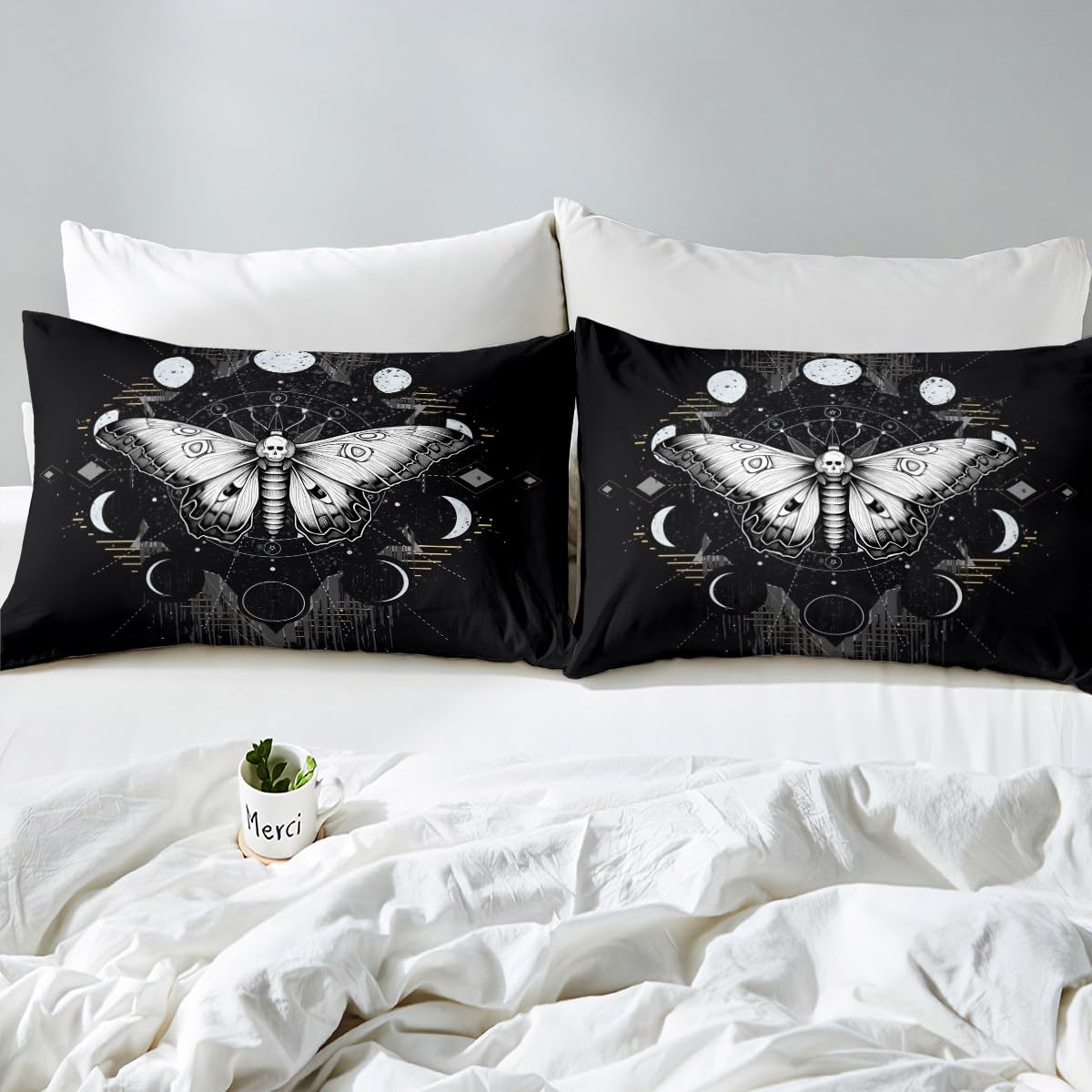 Death Moth Duvet Cover Set Queen Size Galaxy Sun and Moon Comforter Cover Boho Gothic Skull Bedding Set 3pcs for Kids Boys Teens Room Decor Black and White Quilt Cover with 2 Pillowcases, No Comforter