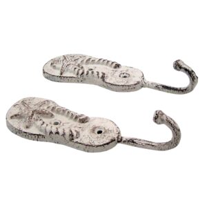 Cast Iron Pair of White Washed Flip Flop Wall Hooks, Beach Themed Décor, Set of 2, 6.5 Inches