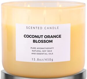 coconut orange blossom 3 wick candle | highly scented soy candles for home 15.8 oz, summer & tropical scented candle | aromatherapy stress relief candle, relaxing clean burning candle for women & men