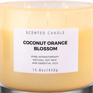 Coconut Orange Blossom 3 Wick Candle | Highly Scented Soy Candles for Home 15.8 oz, Summer & Tropical Scented Candle | Aromatherapy Stress Relief Candle, Relaxing Clean Burning Candle for Women & Men