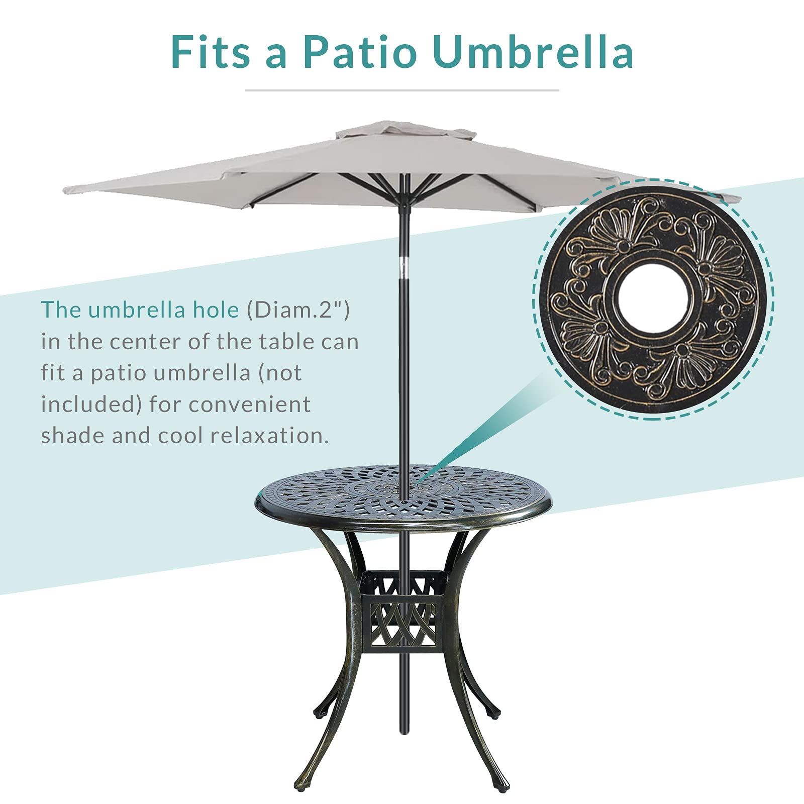 MEETWARM 3 Piece Patio Bistro Set, Outdoor All-Weather Cast Aluminum Dining Furniture Set Includes 2 Chairs and a 31” Round Table with Umbrella Hole for Garden Deck