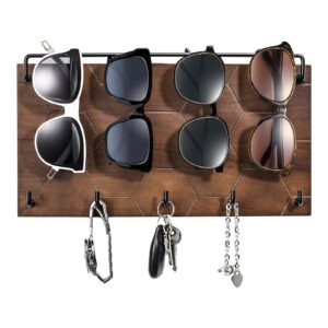 emibele sunglass organizer wall key holder, decorative wood wall jewelry organizer glasses and sunglass holder display with 5 hooks key rack hanging eyeglass storage for entryway living room, walnut