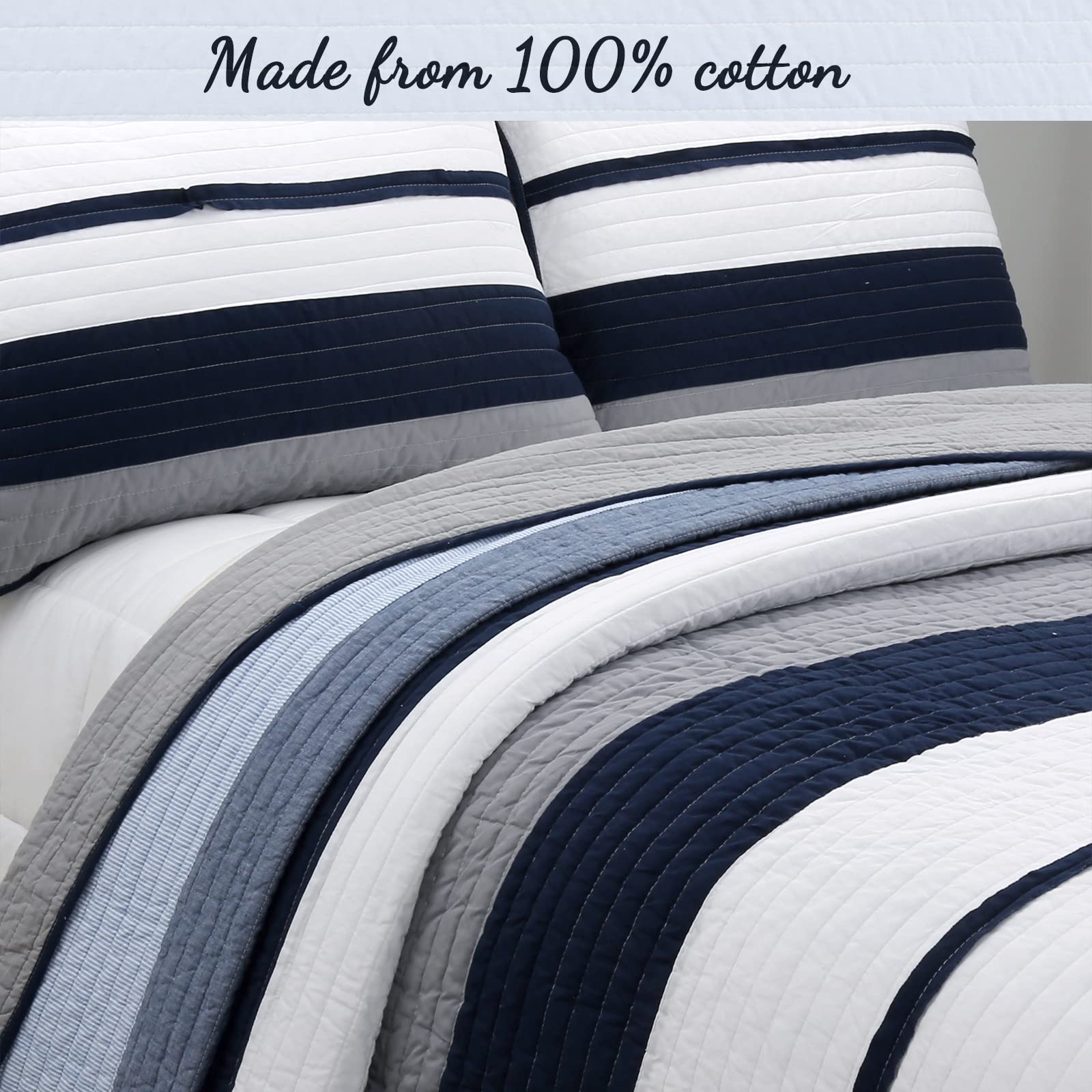 Cozy Line Home Fashions Tranquil Blue Gray Striped Boy 100% Cotton Reversible Quilt Bedding Set, All-Season Coverlet, Bedspread (Rendon, Queen - 3 Piece)