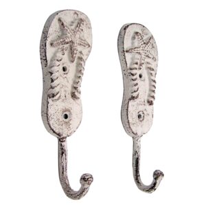 Cast Iron Pair of White Washed Flip Flop Wall Hooks, Beach Themed Décor, Set of 2, 6.5 Inches