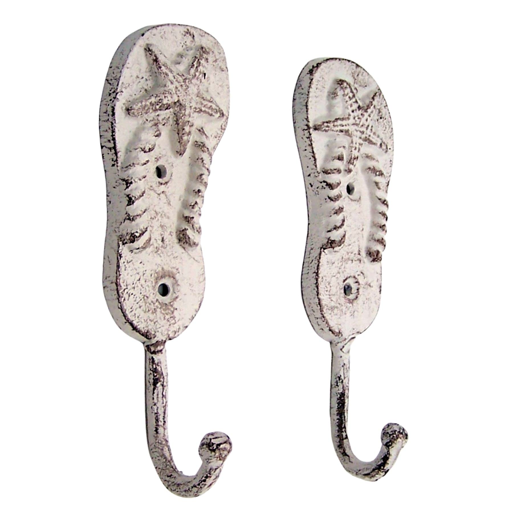 Cast Iron Pair of White Washed Flip Flop Wall Hooks, Beach Themed Décor, Set of 2, 6.5 Inches