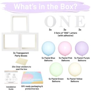 One Boxes for 1st Birthday WITH 24 Balloons for 1 Year Old Party - Baby first Birthday Decorations Clear Cube Blocks 'ONE' Letters as Cake Smash Photoshoot Props in Pastels Rainbow Unicorn Theme