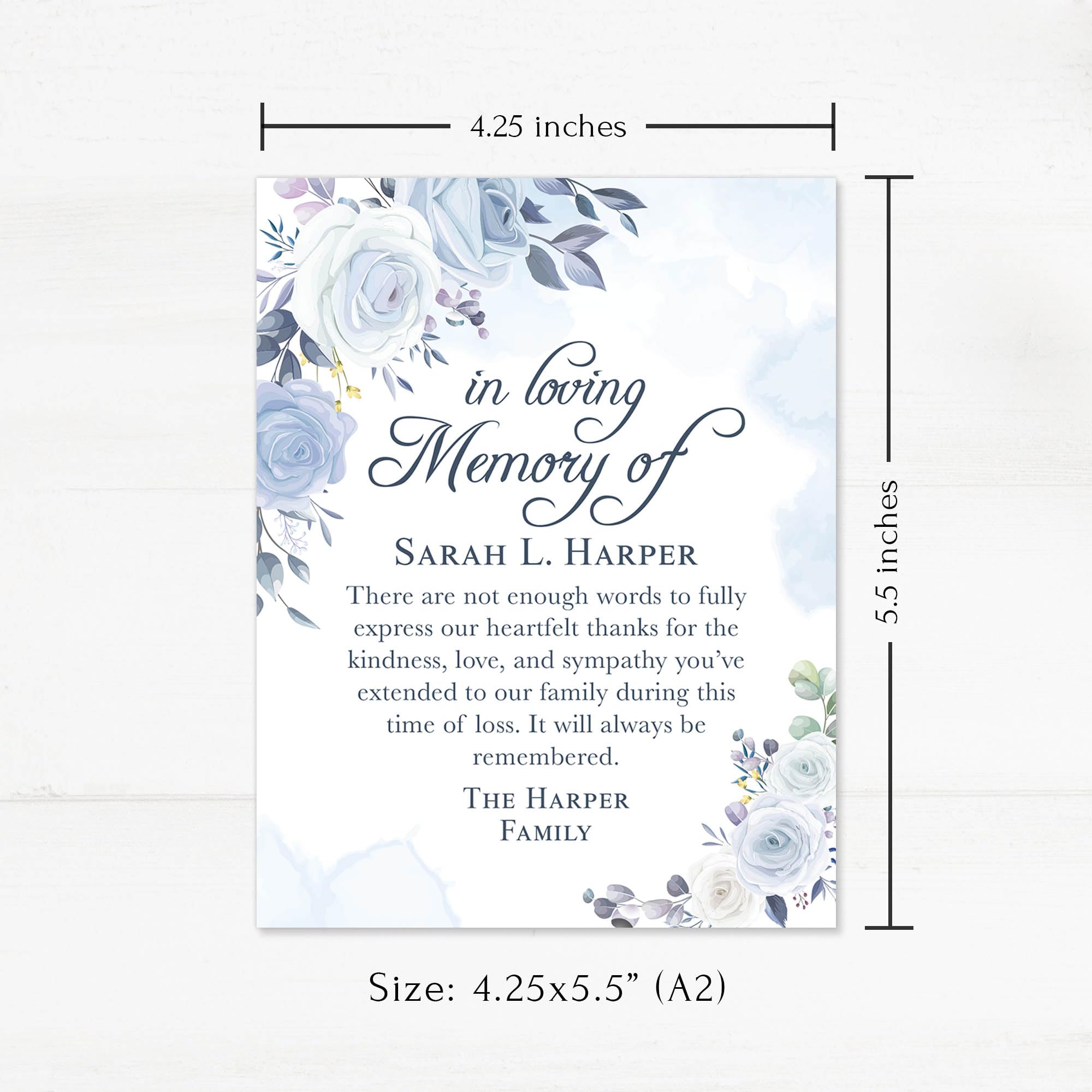 Hello Love Goods Light Blue and White Floral In Loving Memory Funeral Thank You Cards, Personalized Sympathy Acknowledgement Cards, 4.25x5.5 Flat Bereavement Notes with Envelopes