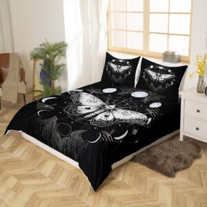 Death Moth Duvet Cover Set Queen Size Galaxy Sun and Moon Comforter Cover Boho Gothic Skull Bedding Set 3pcs for Kids Boys Teens Room Decor Black and White Quilt Cover with 2 Pillowcases, No Comforter