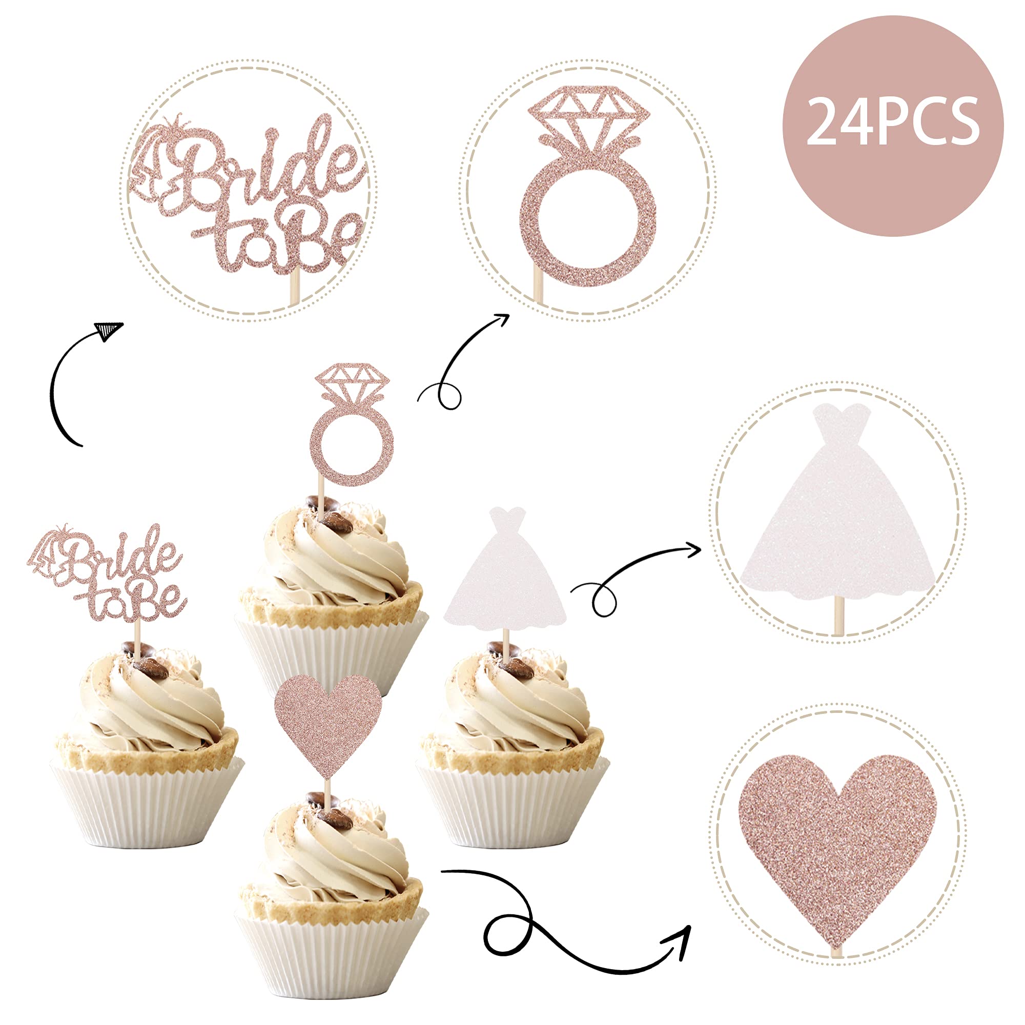 24 PCS Bride to Be Cupcake Toppers with Heart Ring Dress Bridal Shower Cupcake Picks Wedding Engagement Bachelorette Party Cake Decorations Supplies