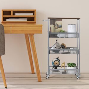 NANANARDOSO Slim Rolling Cart, Narrow Cart with Wood Top, 7.3'' Deep, Metal Handle and Wire Mesh Kitchen Cart for Narrow Space on Kitchen, Bathroom, Silver.