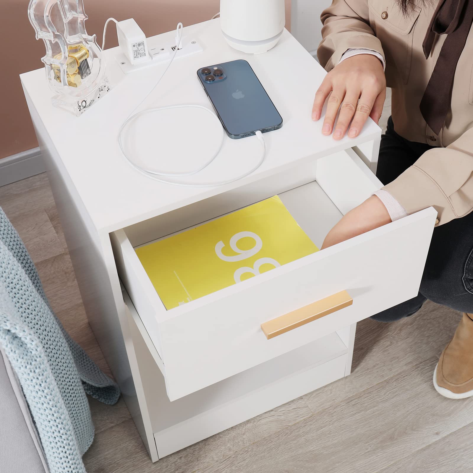 LAPTAIN Nightstand with Charging Station, End Side Table with Storage Drawer and Open Cabinet, Bedside Table for Bedroom, White