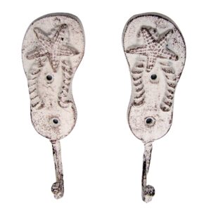 Cast Iron Pair of White Washed Flip Flop Wall Hooks, Beach Themed Décor, Set of 2, 6.5 Inches