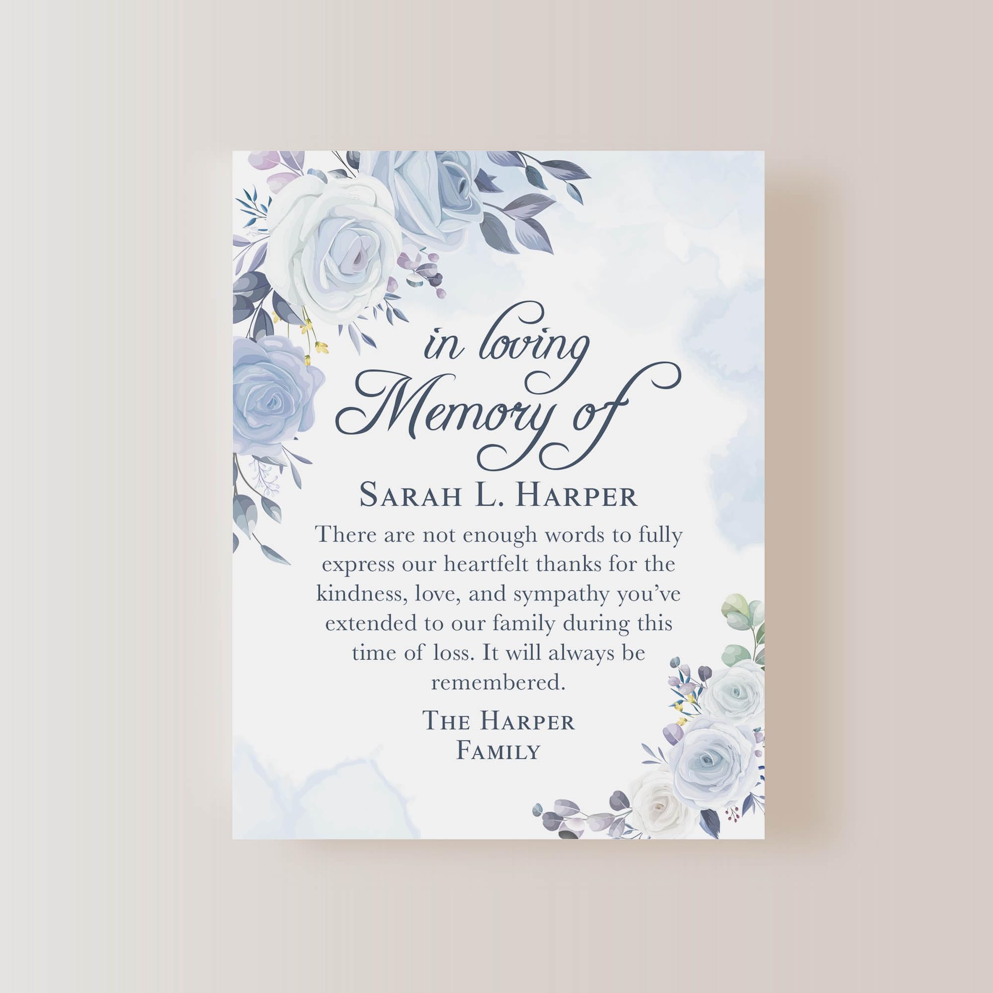 Hello Love Goods Light Blue and White Floral In Loving Memory Funeral Thank You Cards, Personalized Sympathy Acknowledgement Cards, 4.25x5.5 Flat Bereavement Notes with Envelopes