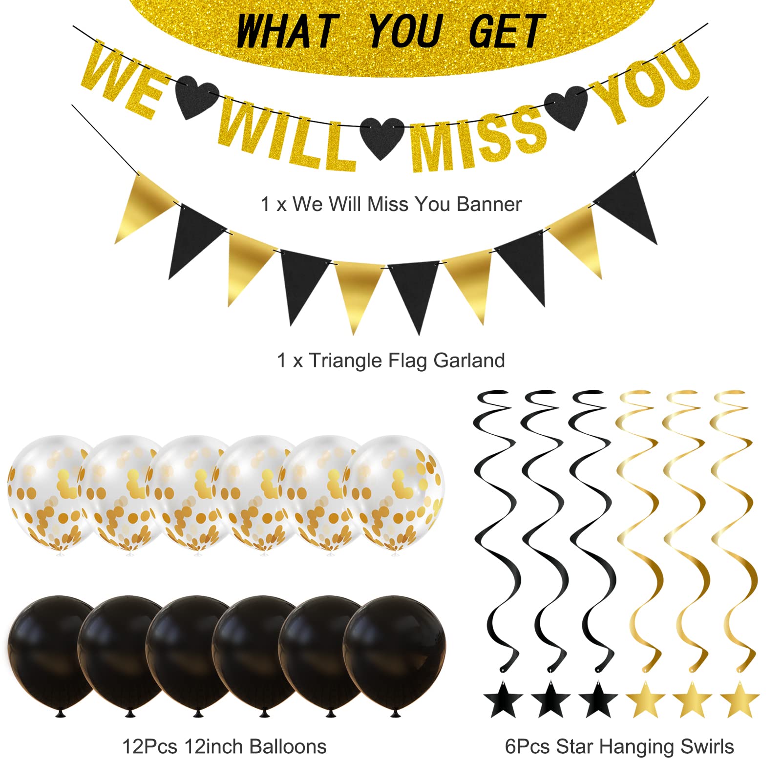 We Will Miss You Decorations Gold Glitter We Will Miss You Banner, Triangle Flag Garland, Star Hanging Swirls and Balloons for Office Leaving, Farewell, Goodbye, Going Away Party Decorations