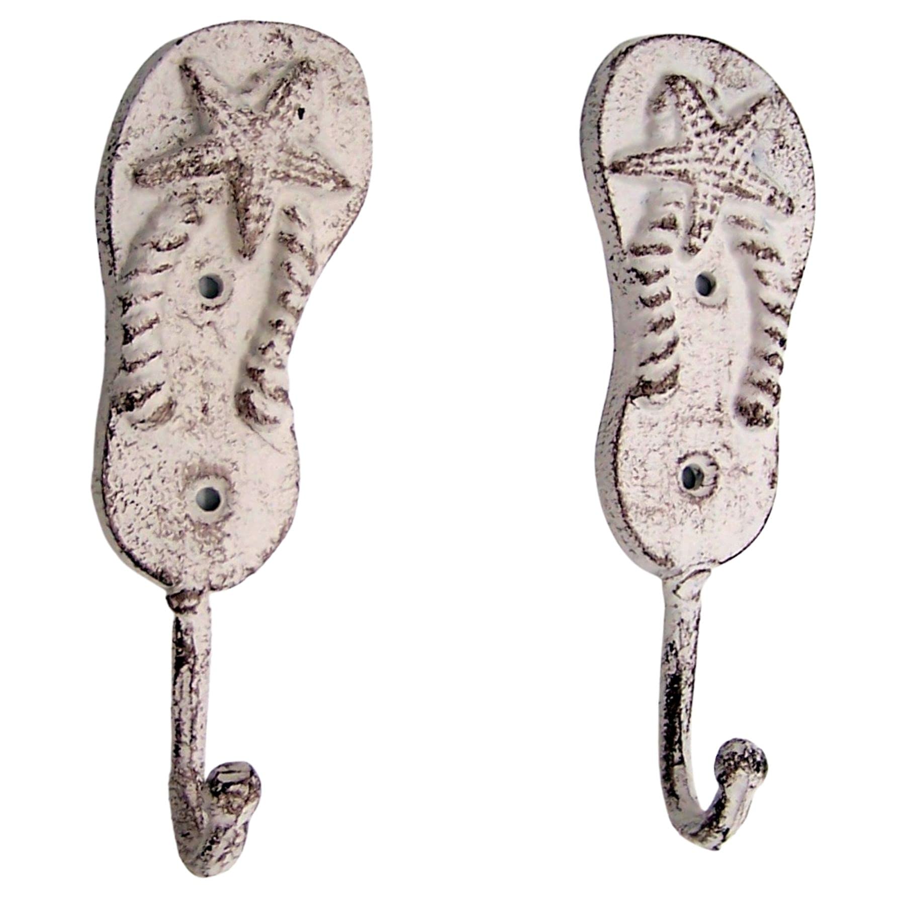 Cast Iron Pair of White Washed Flip Flop Wall Hooks, Beach Themed Décor, Set of 2, 6.5 Inches