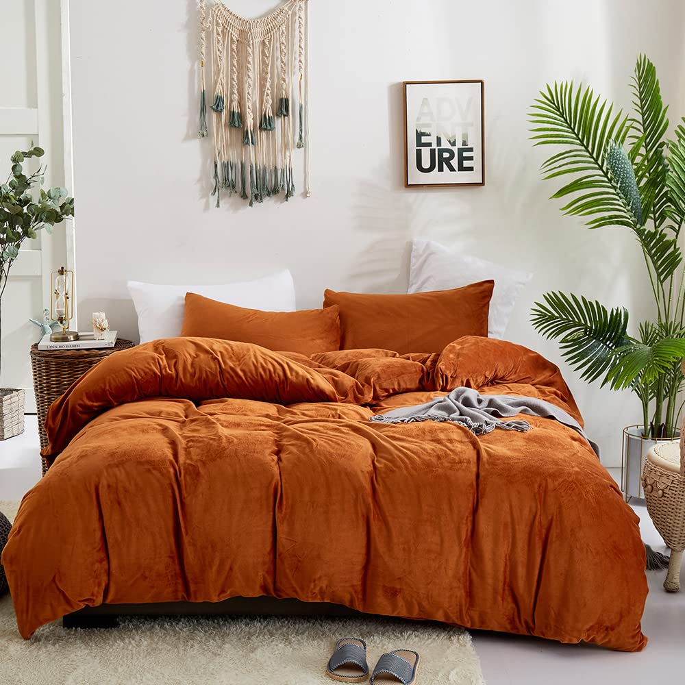 CLOTHKNOW Burnt Orange Duvet Cover Set Queen Rust Velvet Bedding Sets Full Terracotta Bedding Flannel Bedding Duvet Cover Women Men Bedding Orange Bedding 3Pcs Comforter Cover Sets Queen