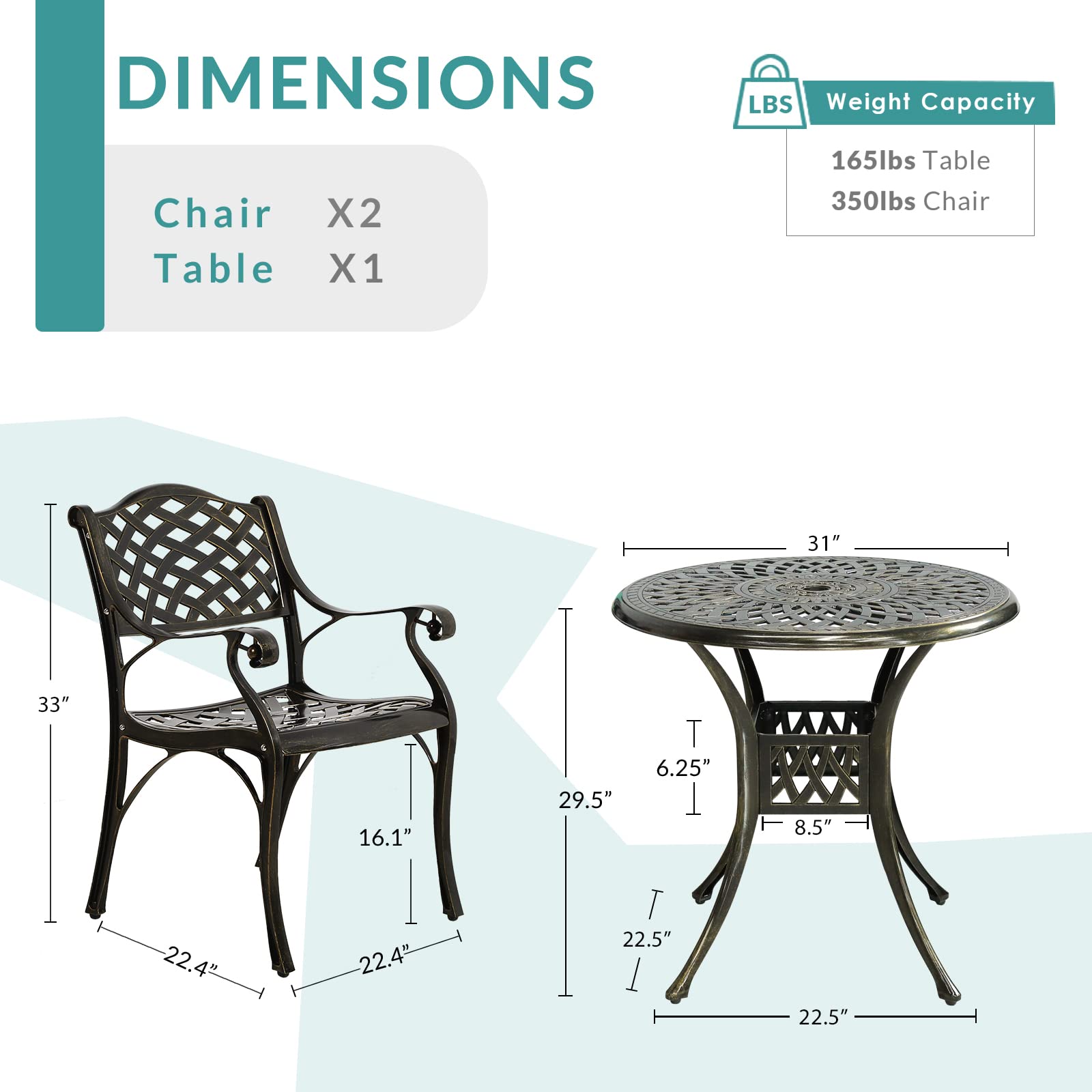 MEETWARM 3 Piece Patio Bistro Set, Outdoor All-Weather Cast Aluminum Dining Furniture Set Includes 2 Chairs and a 31” Round Table with Umbrella Hole for Garden Deck