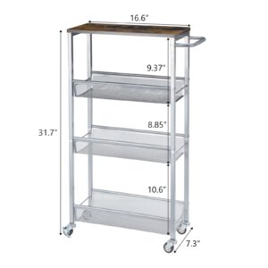 NANANARDOSO Slim Rolling Cart, Narrow Cart with Wood Top, 7.3'' Deep, Metal Handle and Wire Mesh Kitchen Cart for Narrow Space on Kitchen, Bathroom, Silver.