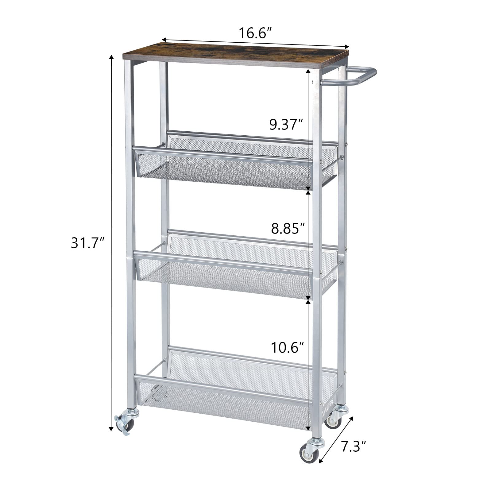 NANANARDOSO Slim Rolling Cart, Narrow Cart with Wood Top, 7.3'' Deep, Metal Handle and Wire Mesh Kitchen Cart for Narrow Space on Kitchen, Bathroom, Silver.