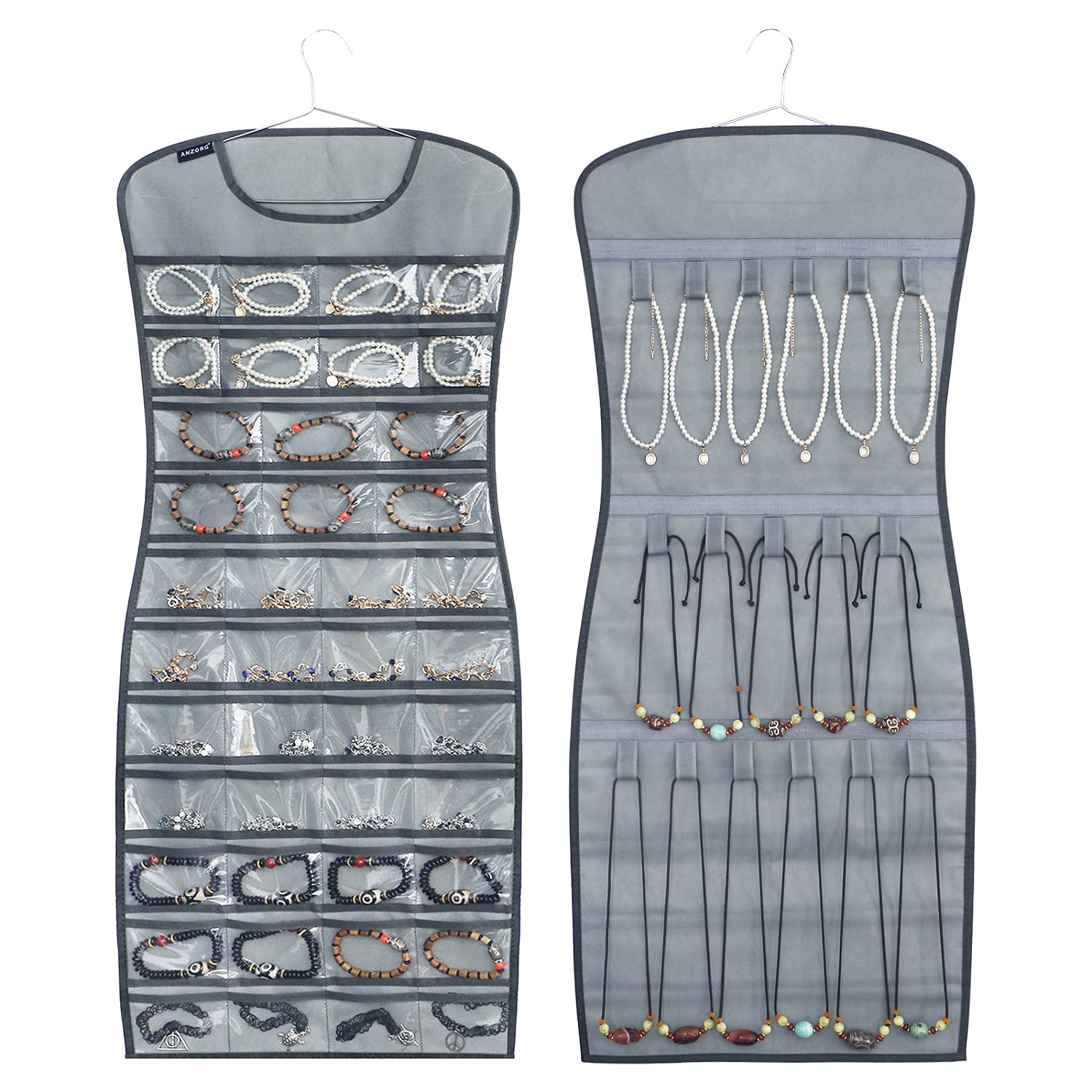 ANZORG Dual sided Jewelry Hanging Organizer Closet Necklace Holder for Earrings Bracelets Rings with 42 Clear Pockets and 17 Hook Loops (Grey